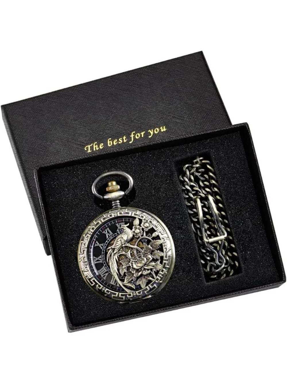 Men's Gold Bronze Bird Skeleton Roman Numerals Hollow Mechanical Pocket Watch